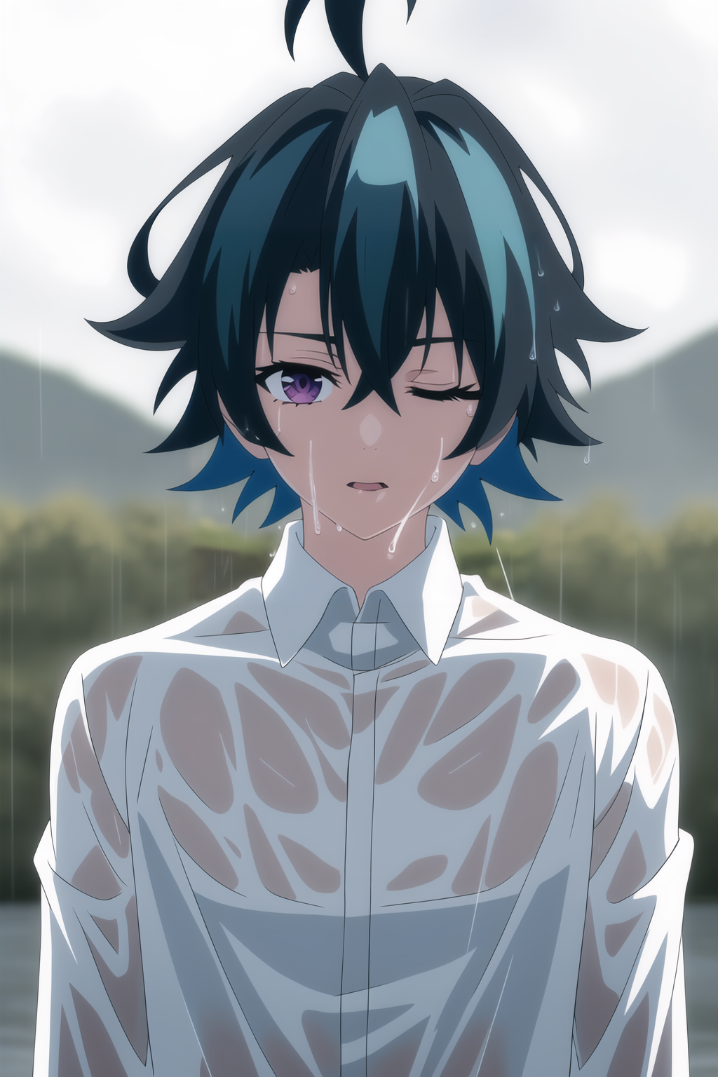 16139-2370481247-will serfort,1boy,solo,male focus,blue hair,purple eyes,ahoge,beautiful detailed face,beautiful detailed eyes,rain,one eye close.png
